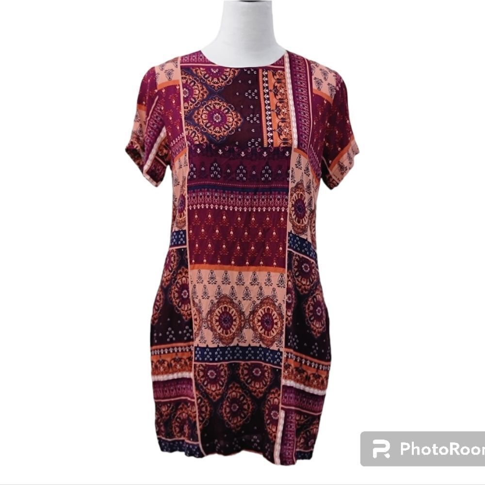 VICI Mix Boho Prints Short Sleeve Dress W Pockets Visible Back Zipper Size M